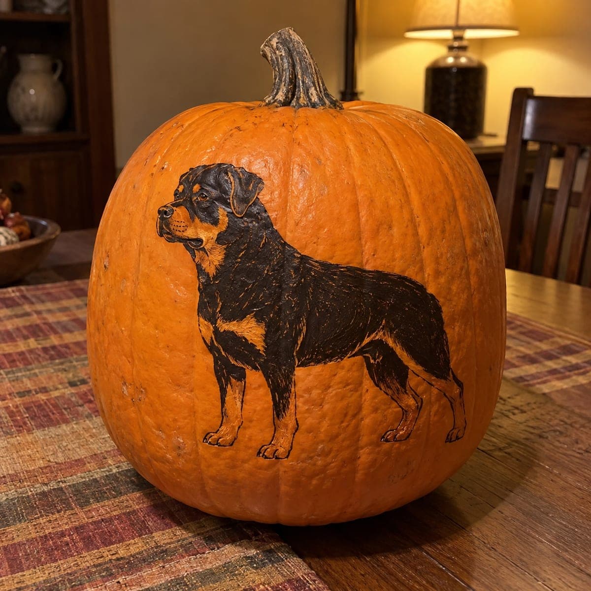Rottweiler Standing Painted Pumpkin Portrait