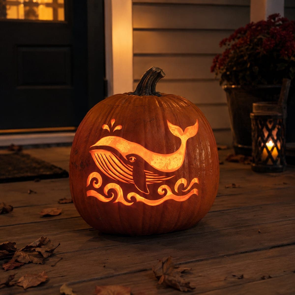 Folk Art Whale Pumpkin With Curling Waves