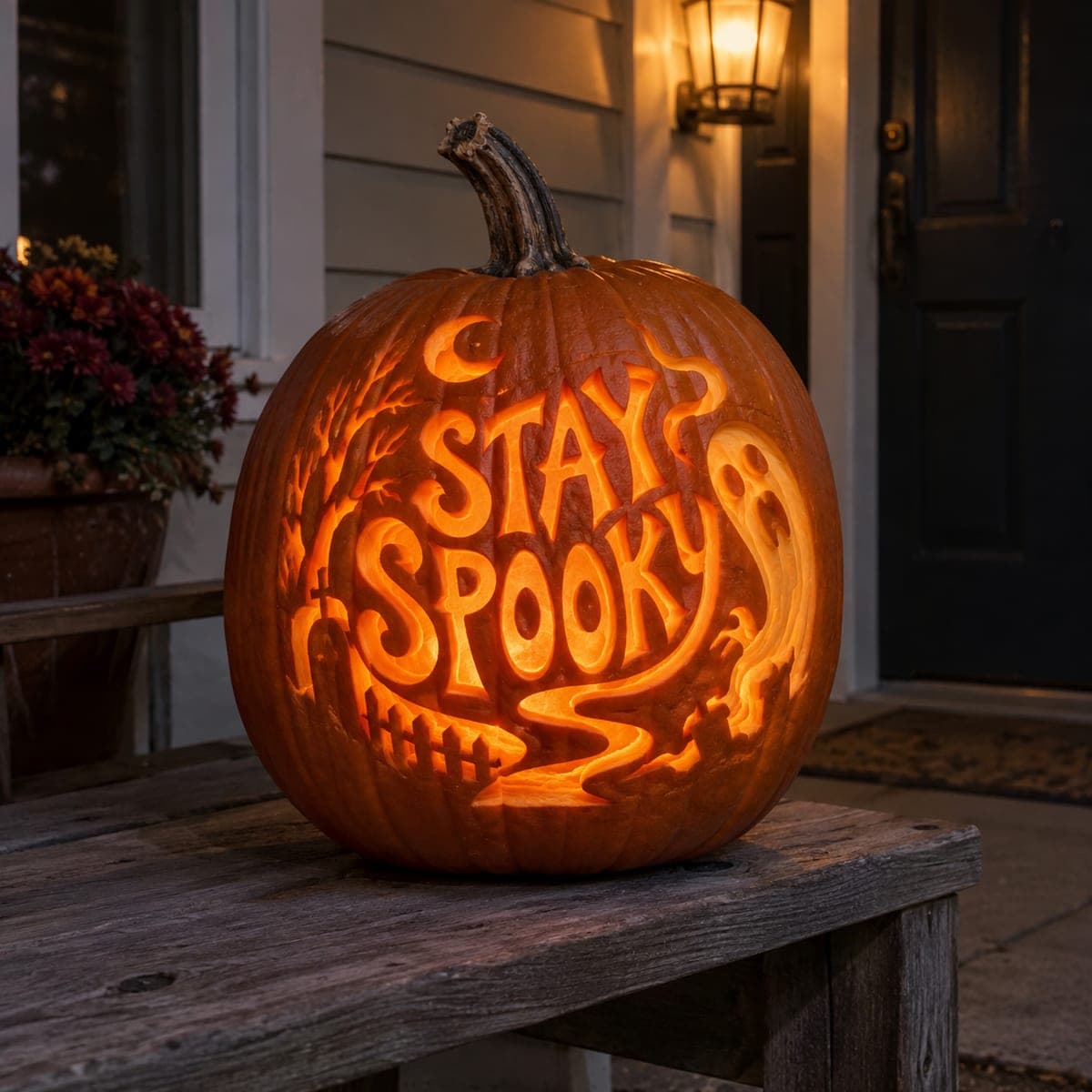 Stay Spooky Lettering Pumpkin With Ghost and Graveyard
