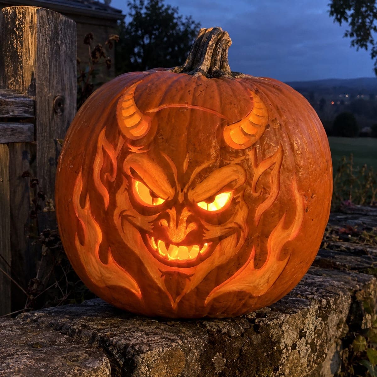 Flaming Devil Face Jack-O-Lantern With Horns