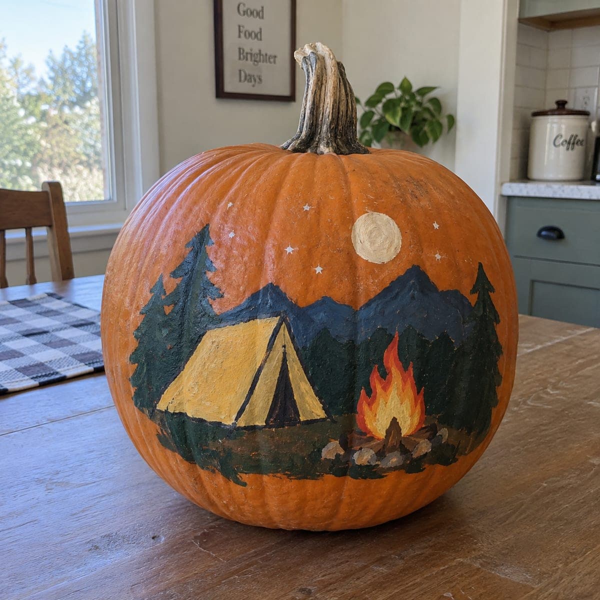 Campfire and Tent Painted Pumpkin Scene