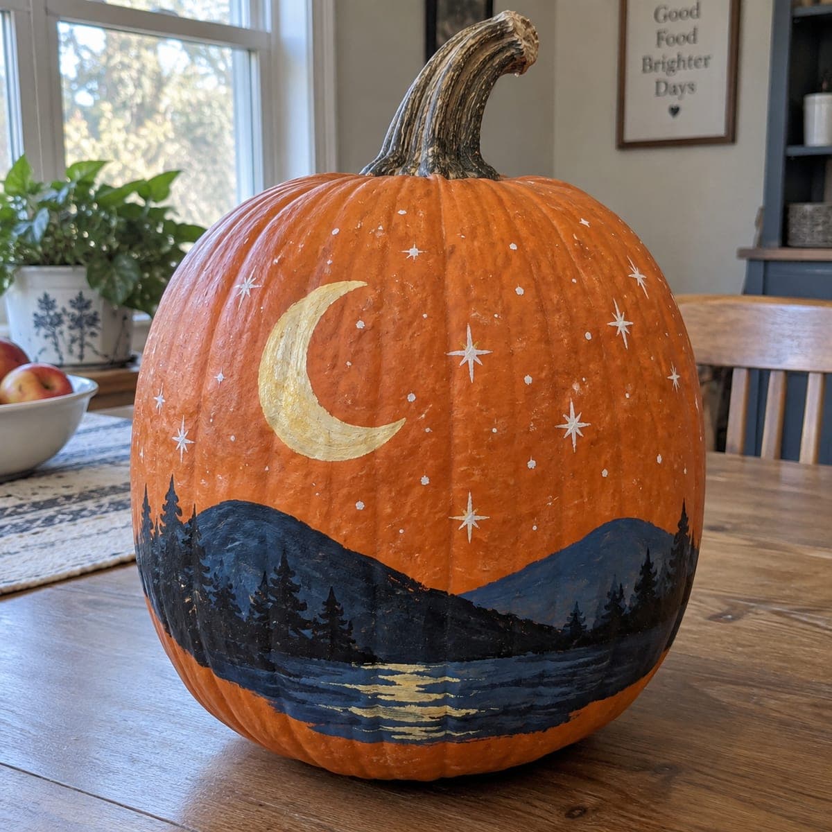 Crescent Moon Mountain Lake Painted Pumpkin
