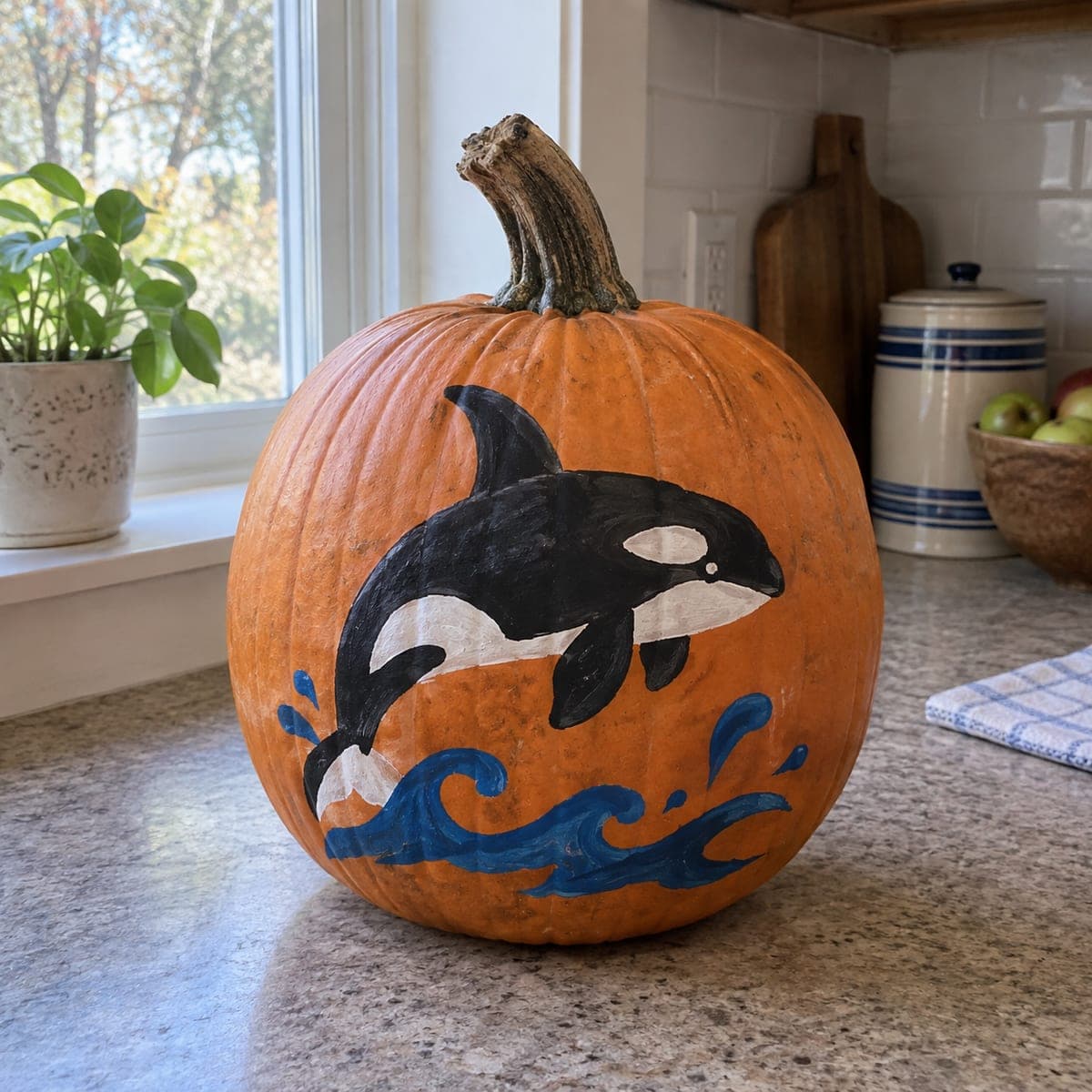 Breaching Orca Whale Painted Pumpkin Design