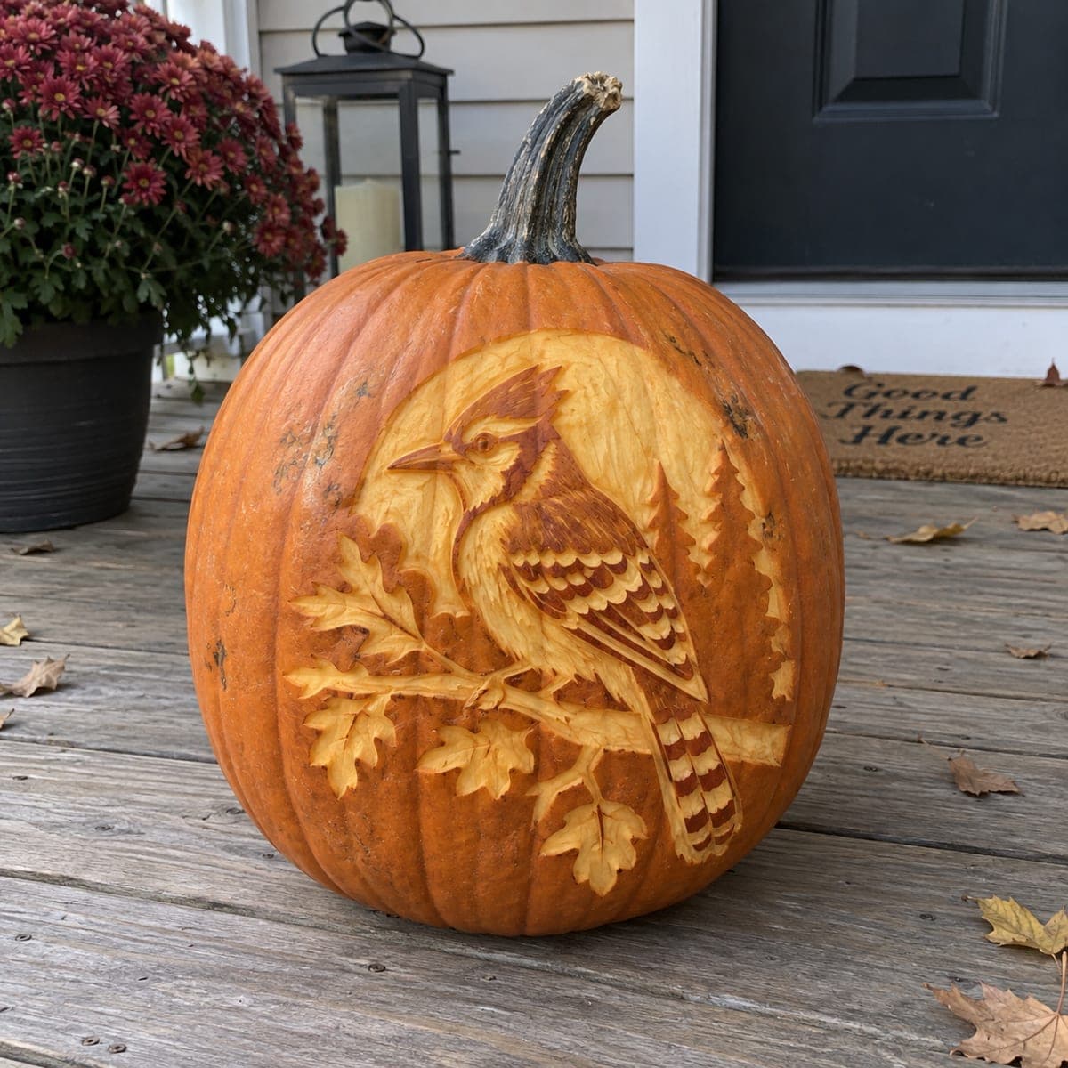 Blue Jay on Oak Branch Etched Pumpkin
