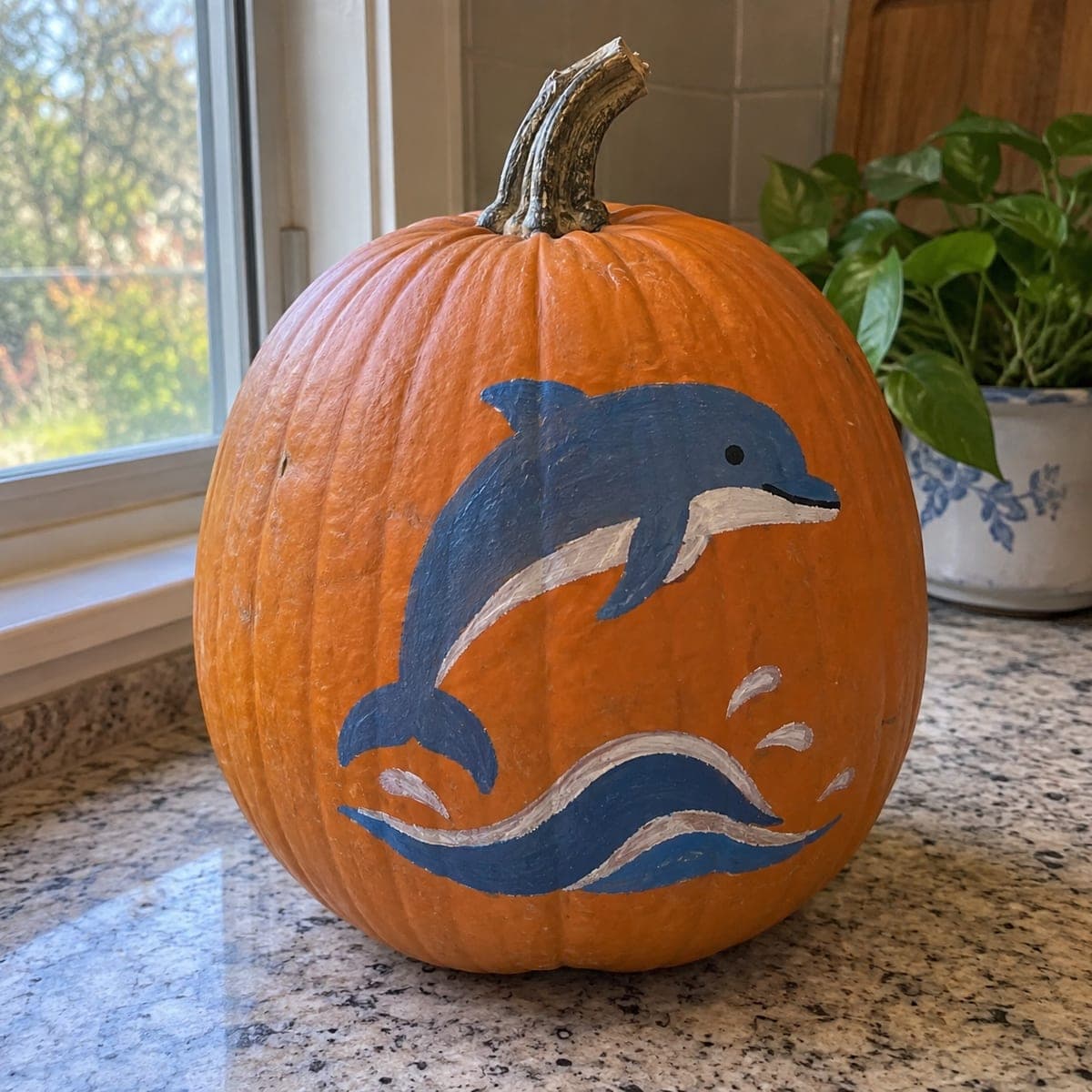 Playful Dolphin Riding Waves Painted Pumpkin