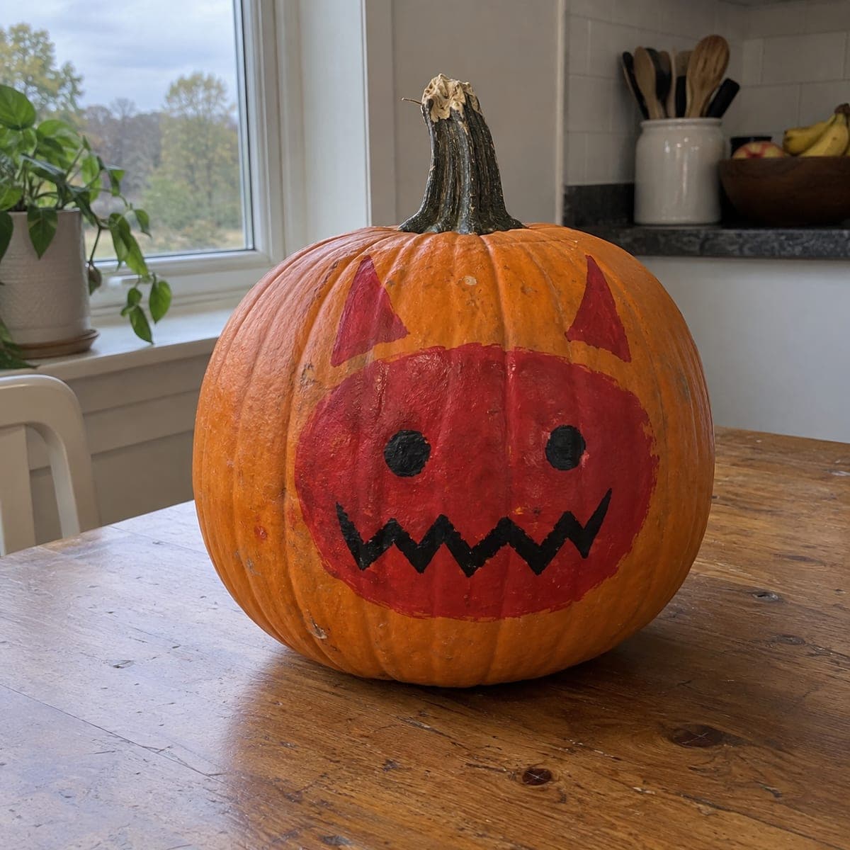 Grumpy Red Devil Face Painted Pumpkin