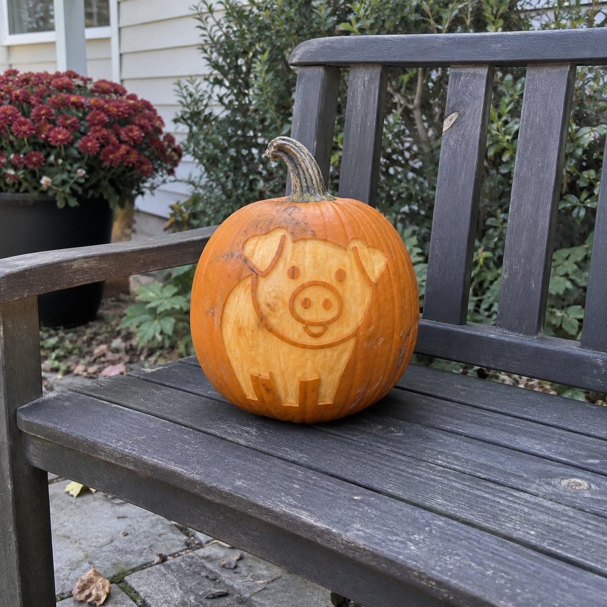 Smiling Cartoon Pig Etched Pumpkin