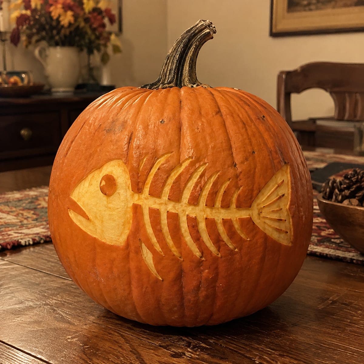 Fishbone Skeleton Etched Halloween Pumpkin