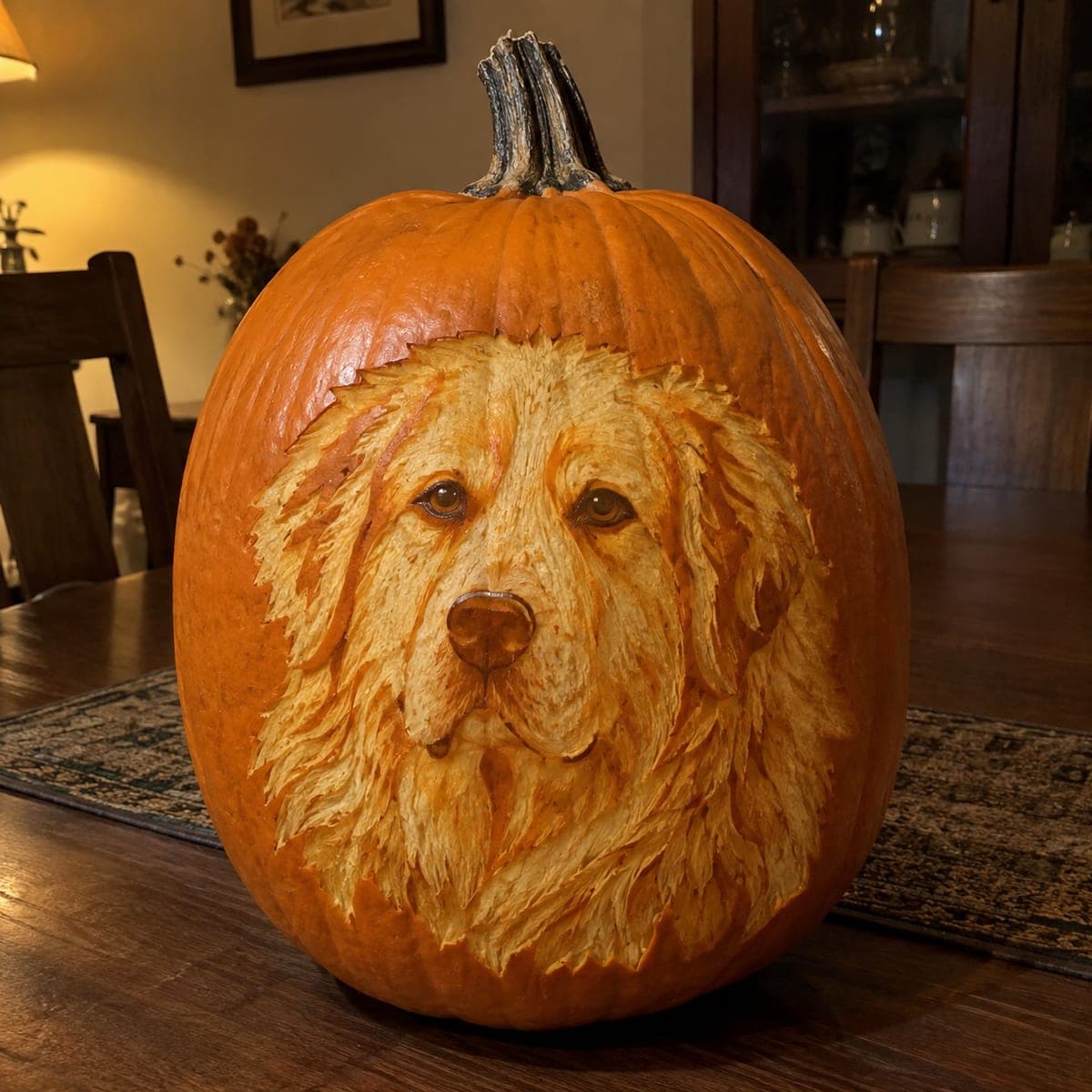 Shaggy Golden Retriever Relief Carved Pumpkin
