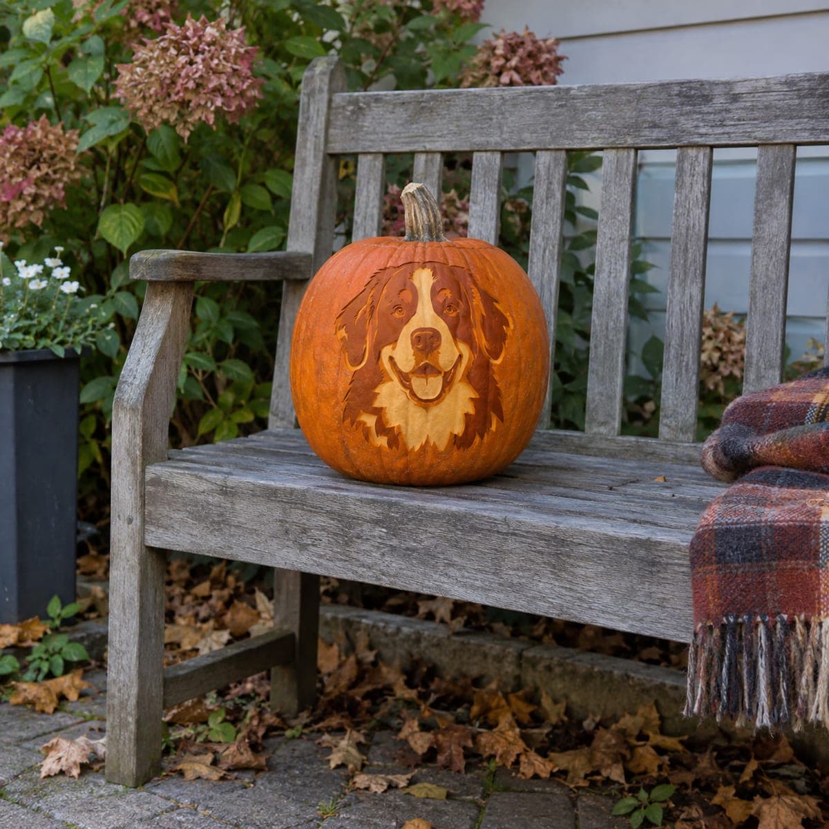 Two Tone Bernese Mountain Dog Carved Pumpkin
