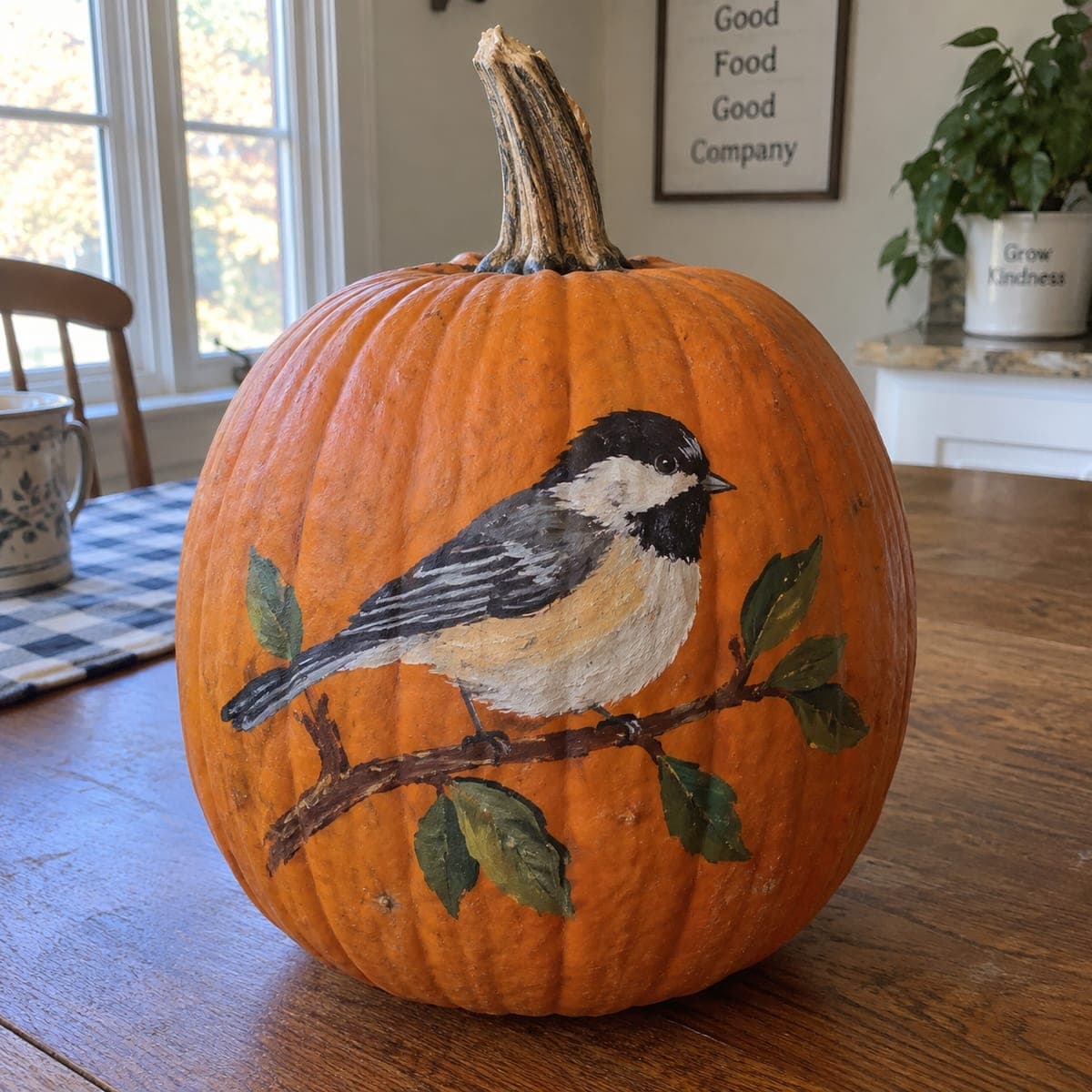Chickadee on a Branch Painted Pumpkin