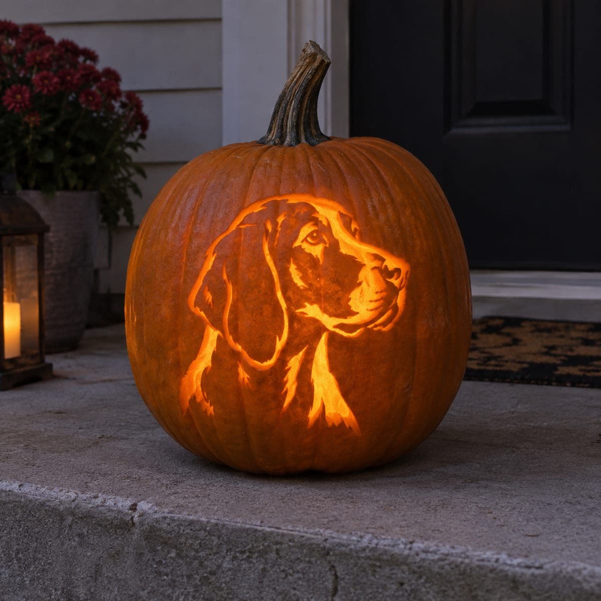 Beagle Portrait Pumpkin With a Glowing Carved Profile