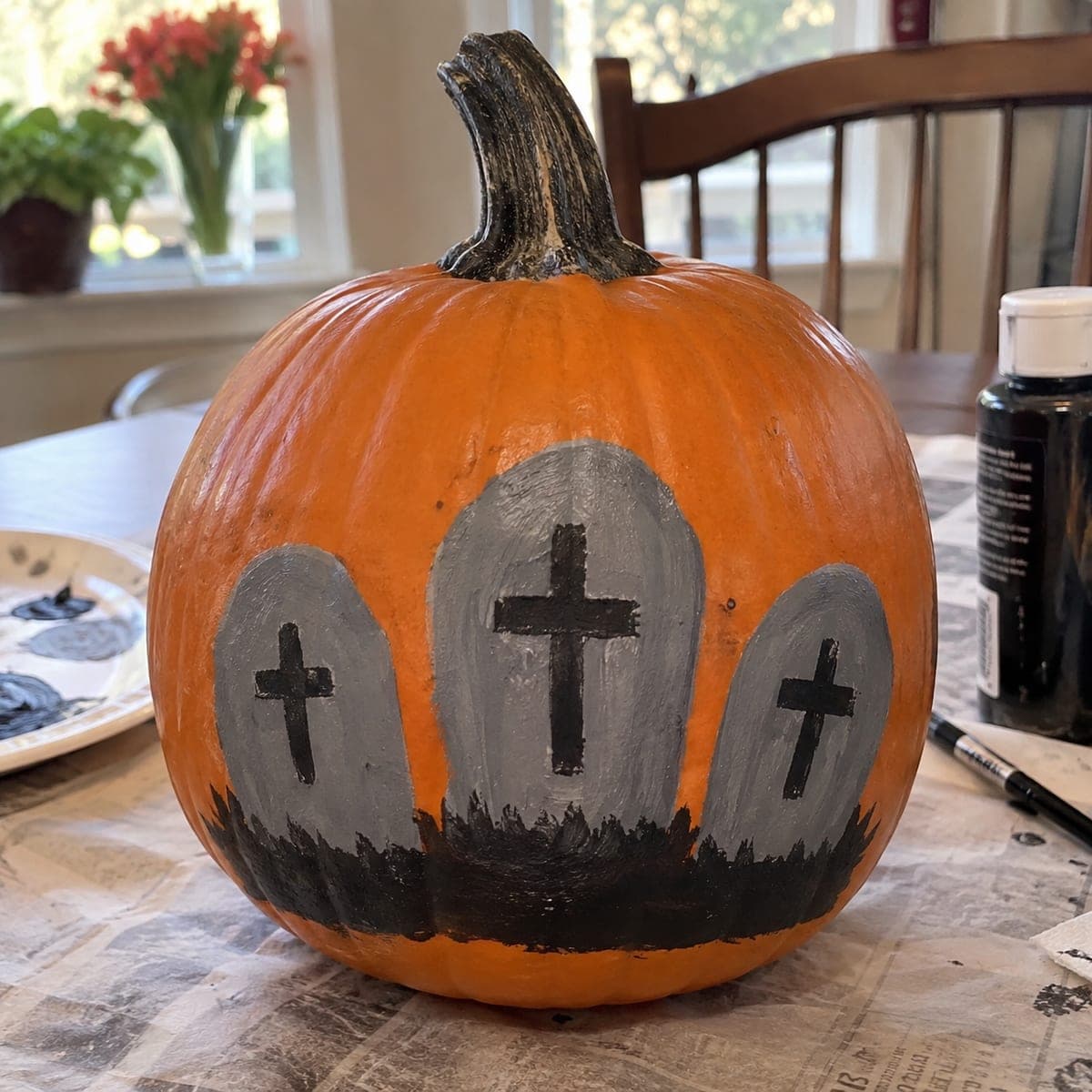 Painted Graveyard Tombstone Pumpkin With Crosses