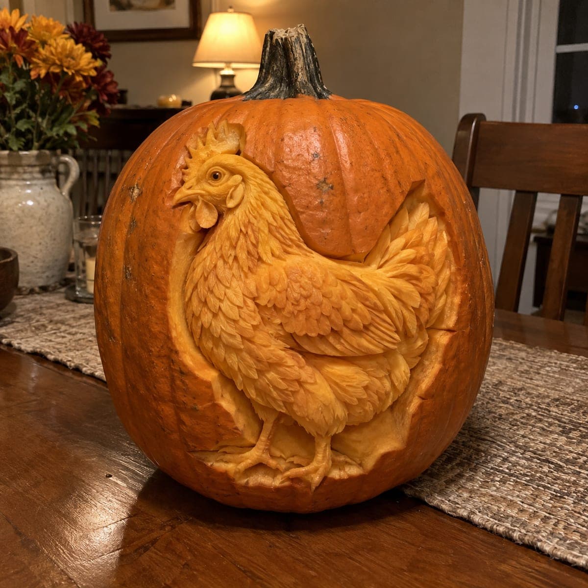 Realistic Hen Relief Carved Pumpkin Sculpture