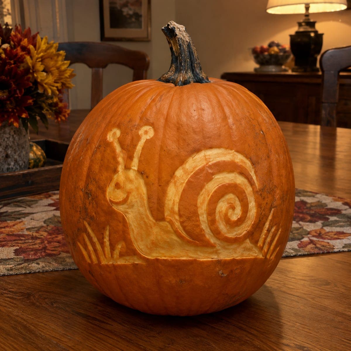 Garden Snail Etched Pumpkin With Grass Accents