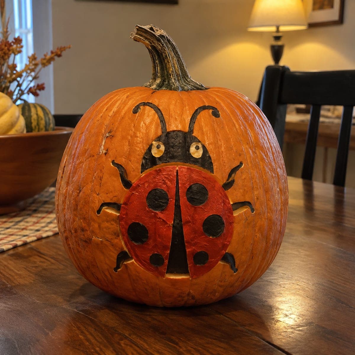 Ladybug Painted Pumpkin With Black Spots