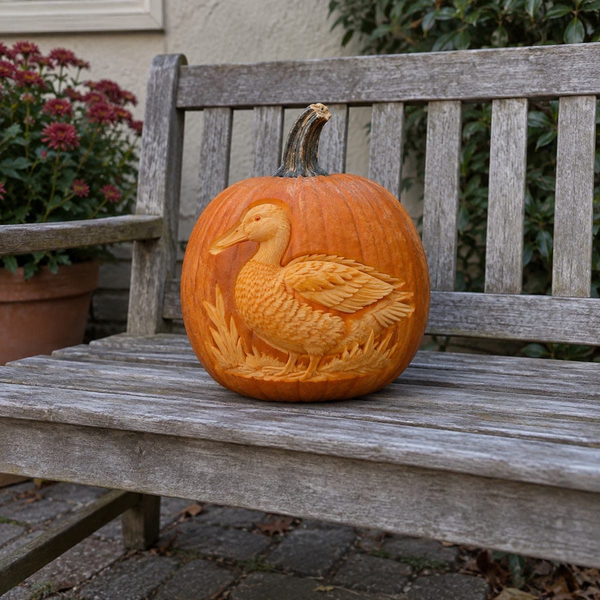 Carved Mallard Duck Relief Pumpkin Scene