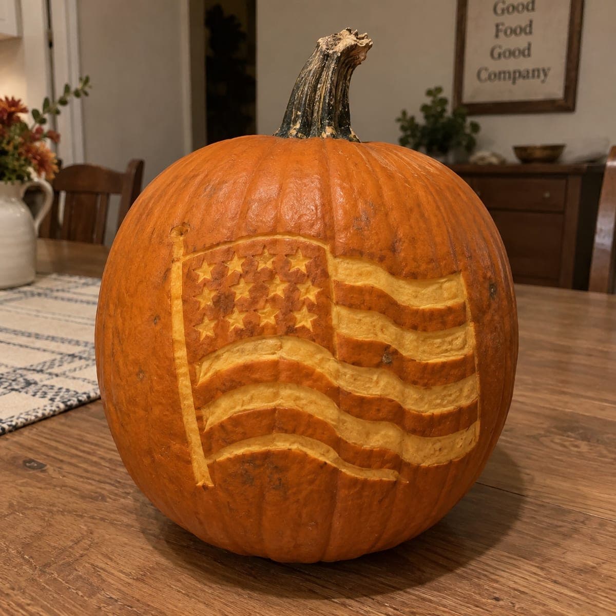 Waving American Flag Carved Pumpkin Tribute
