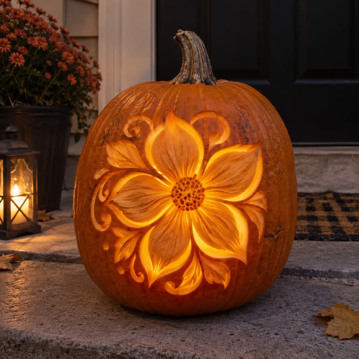 Glowing Magnolia Flower Carved Pumpkin