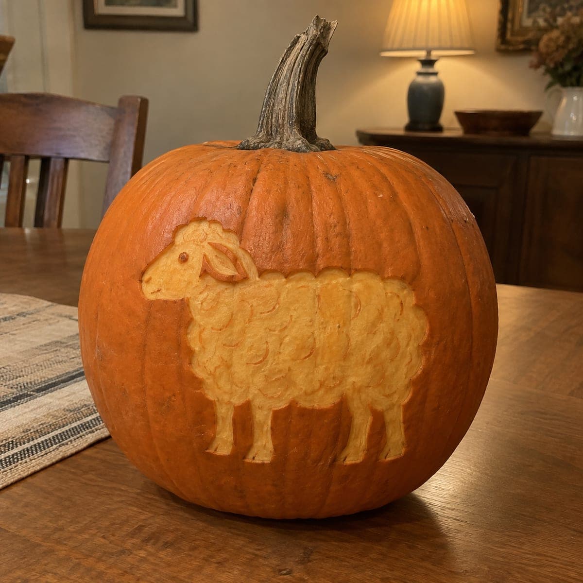 Fluffy Sheep Etched Pumpkin for the Farmhouse Table