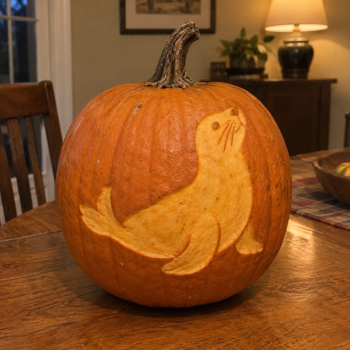 Playful Seal Pup Carved Pumpkin Design
