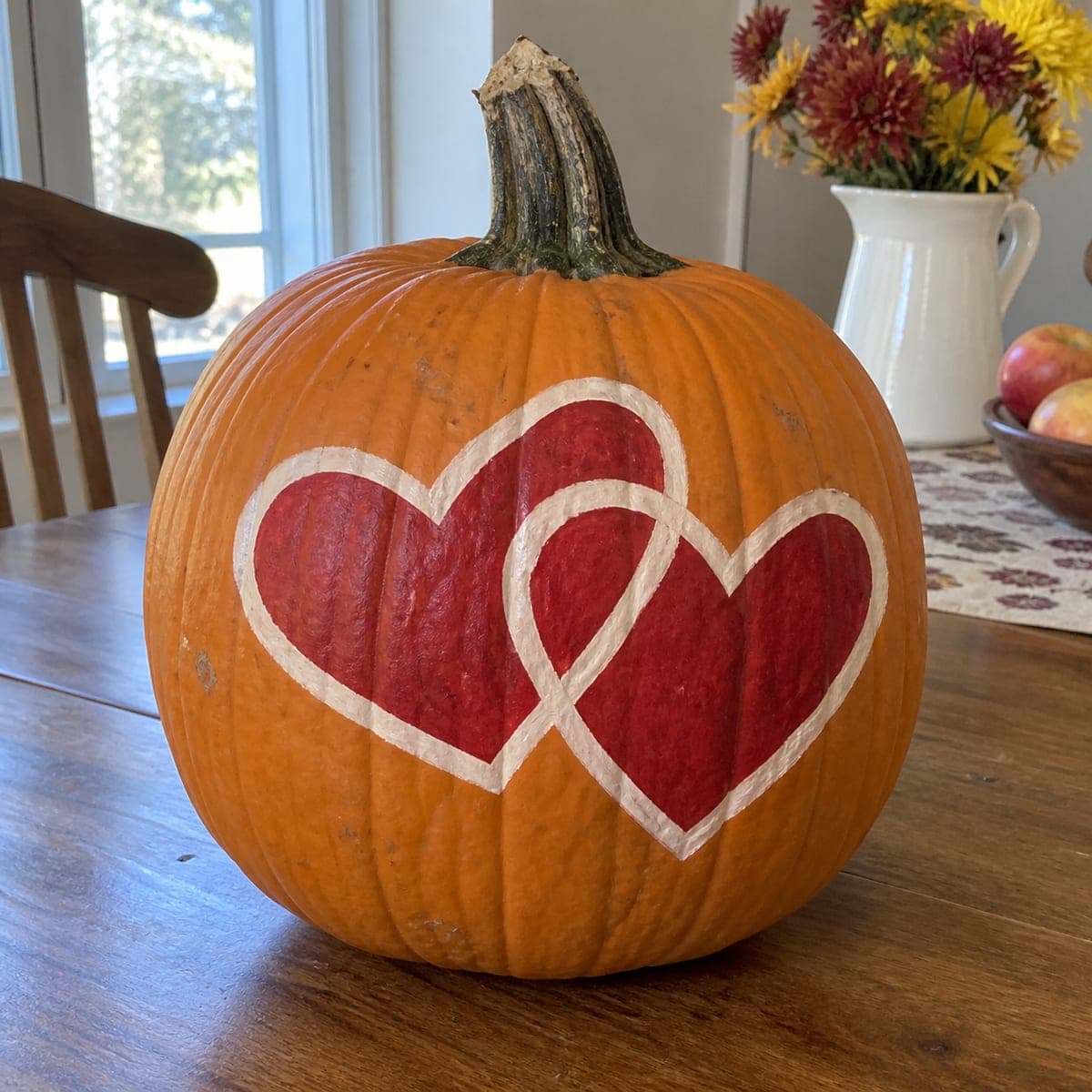 Interlocking Red Hearts Painted Pumpkin