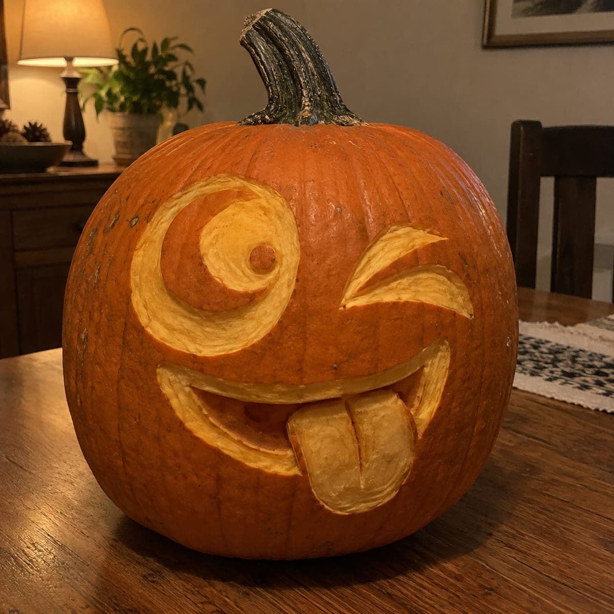 Winking Tongue-Out Emoji Carved Pumpkin Face