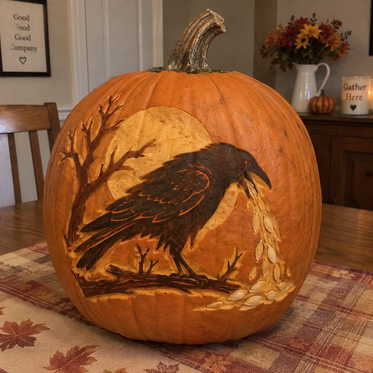 Raven and Harvest Moon Etched Pumpkin Scene