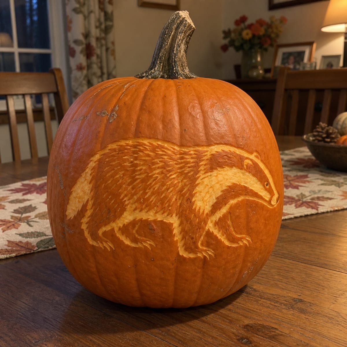 Woodland Badger Etched Pumpkin Portrait