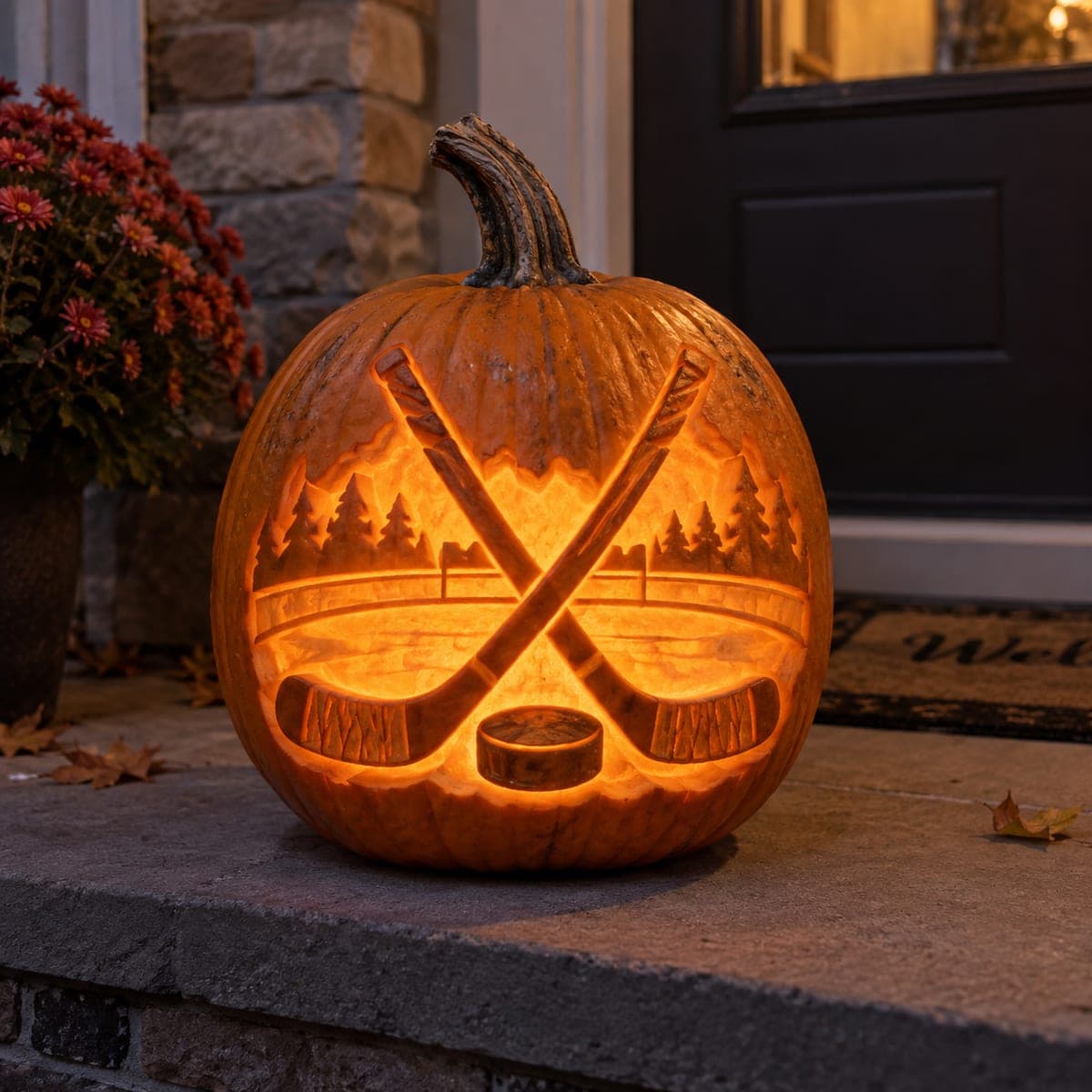 Crossed Hockey Sticks and Puck Pumpkin Carving