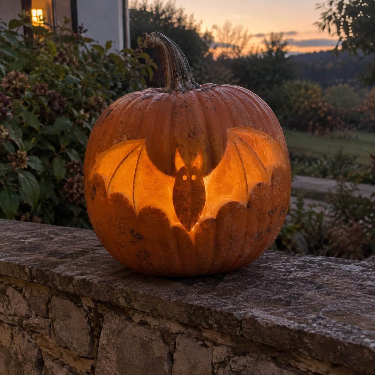 Bat Silhouette Pumpkin Glowing at Sunset
