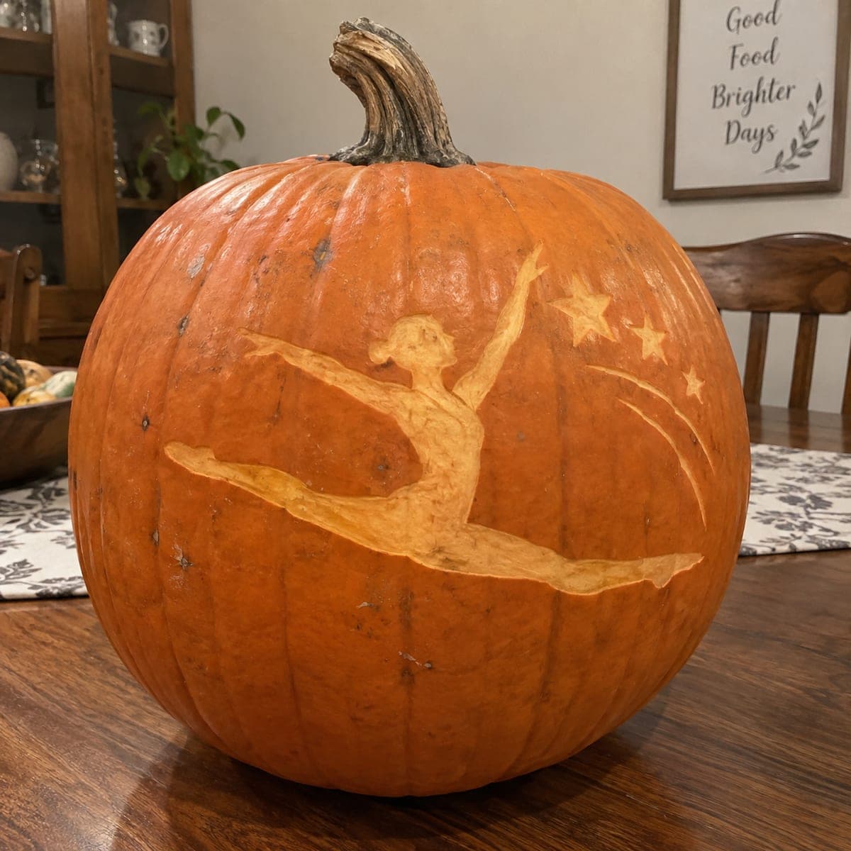 Leaping Gymnast With Stars Etched Pumpkin