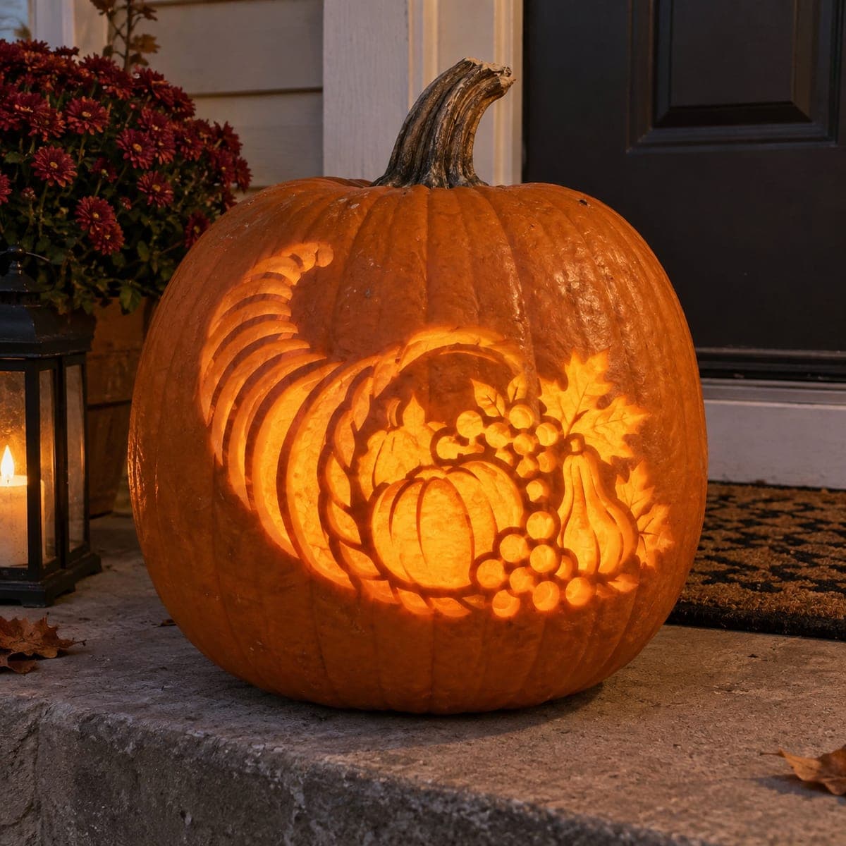 Harvest Cornucopia Etched Thanksgiving Pumpkin