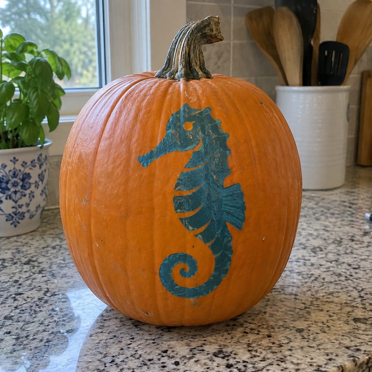 Teal Seahorse Painted Coastal Pumpkin
