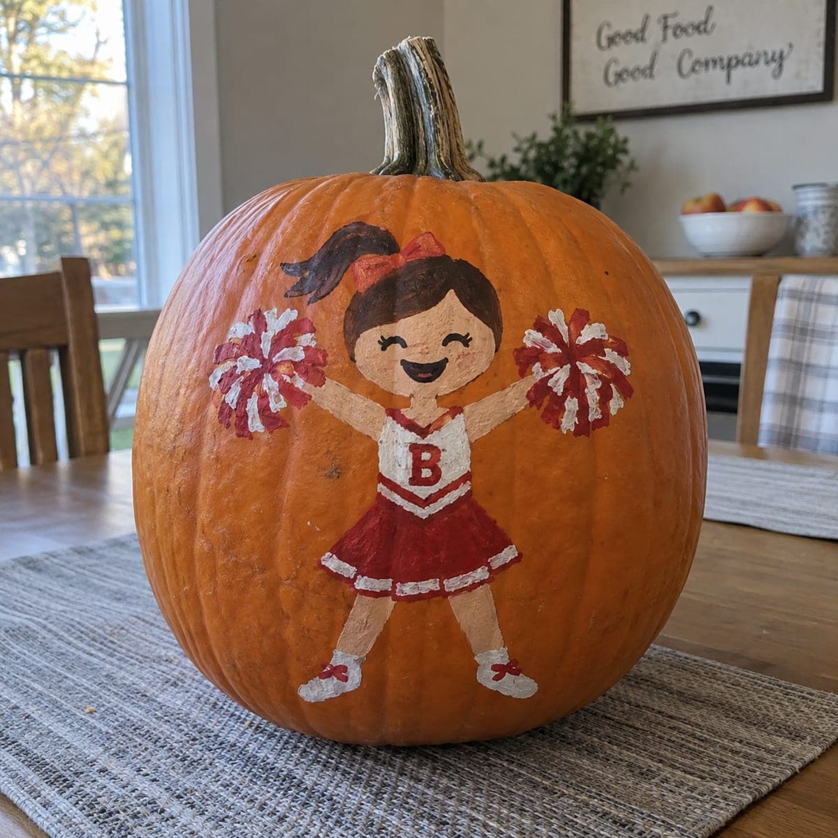 Cheerleader With Pom-Poms Painted Pumpkin