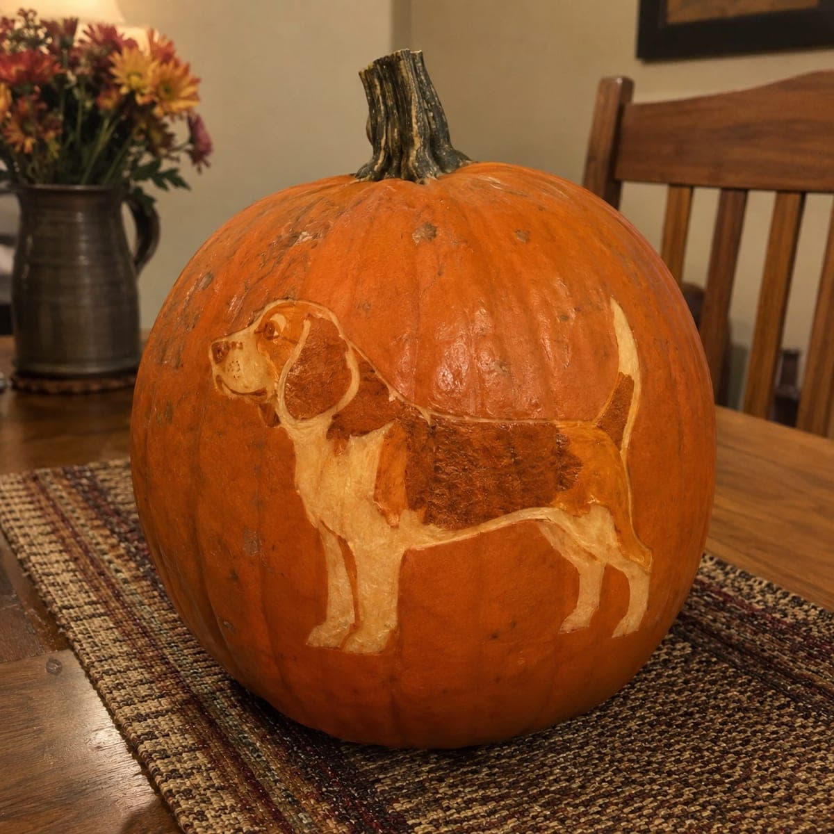 Beagle Dog Etched Pumpkin With Tricolor Coat