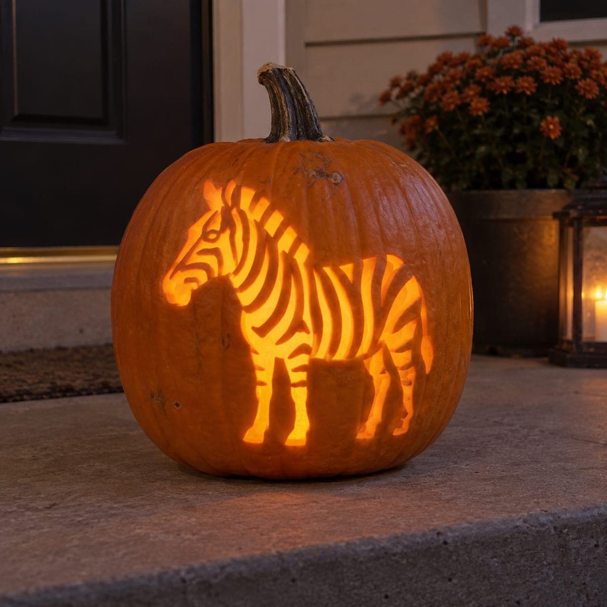 Striped Zebra Cutout Pumpkin Glowing at Night