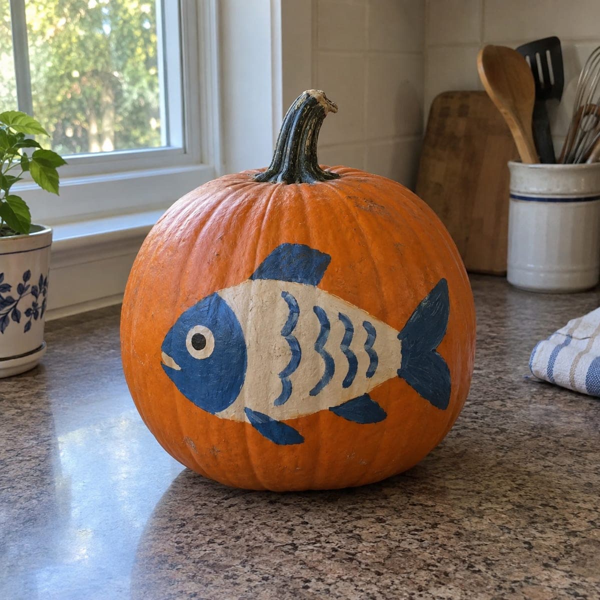 Cheerful Blue Fish Painted Pumpkin for Kids