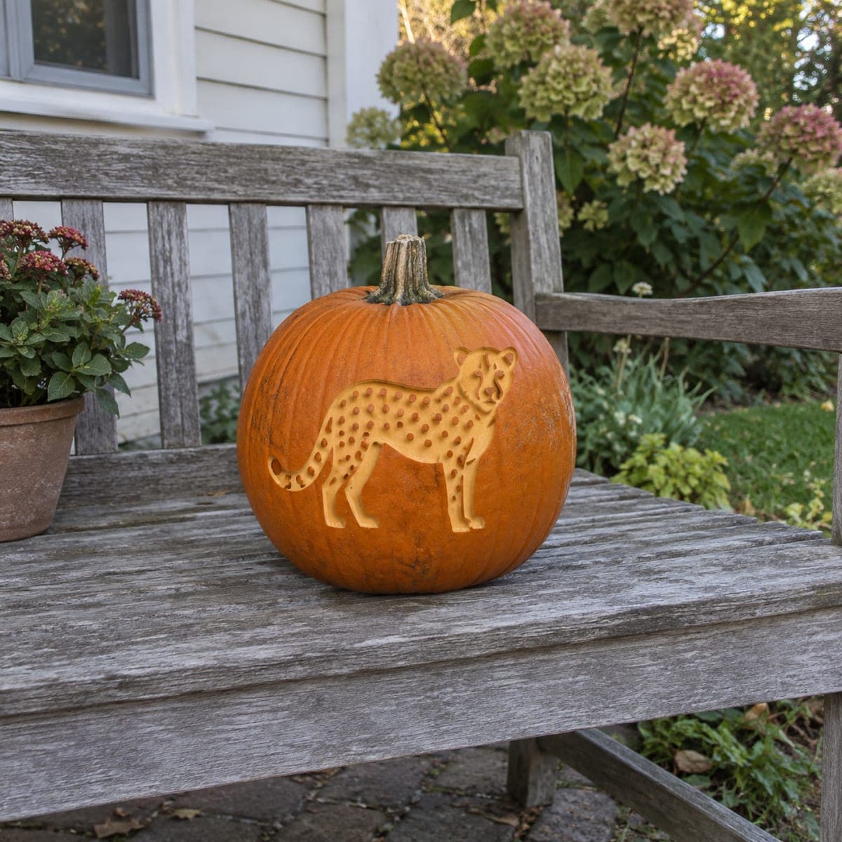 Standing Cheetah Etched Pumpkin With Spotted Coat