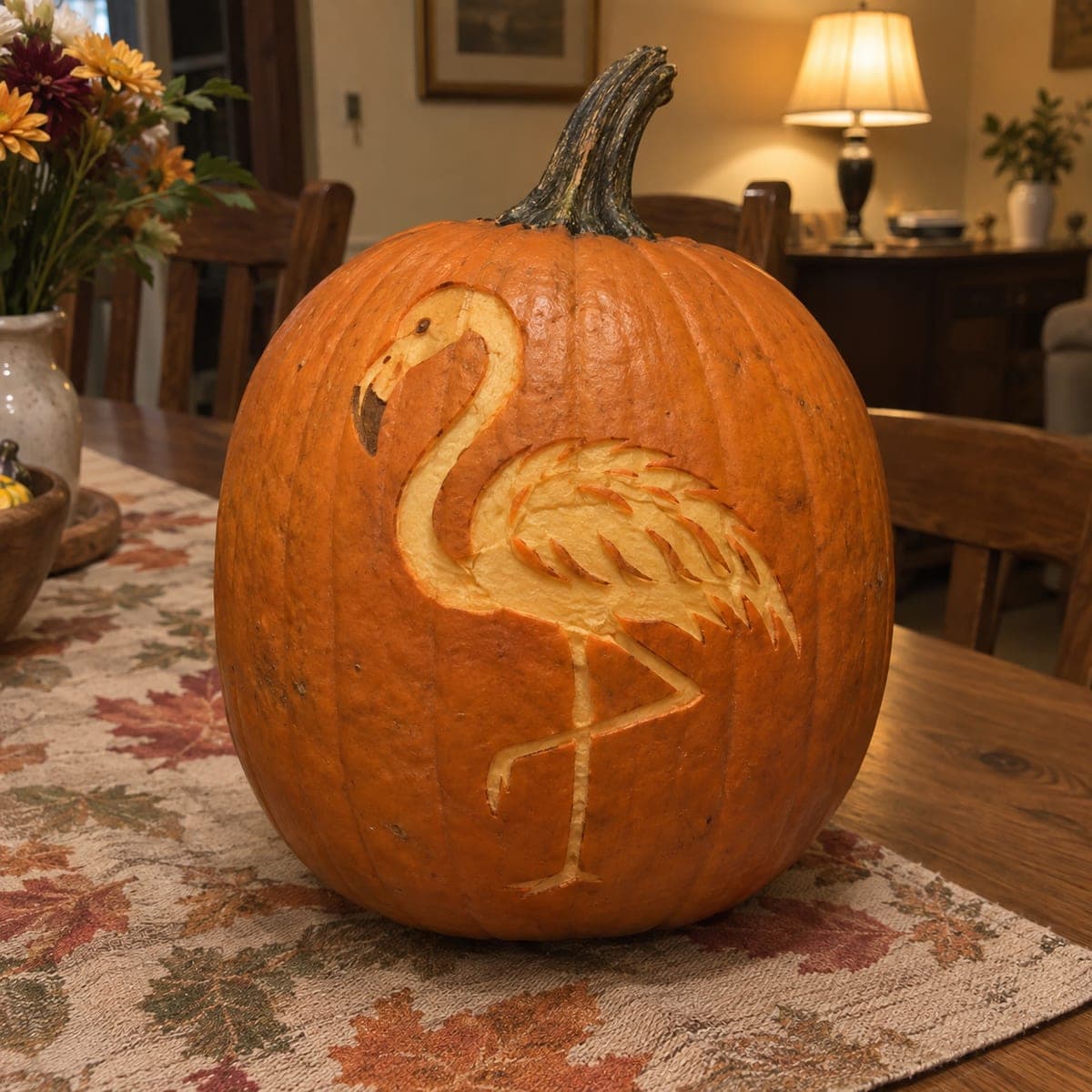 Flamingo on One Leg Etched Pumpkin Carving