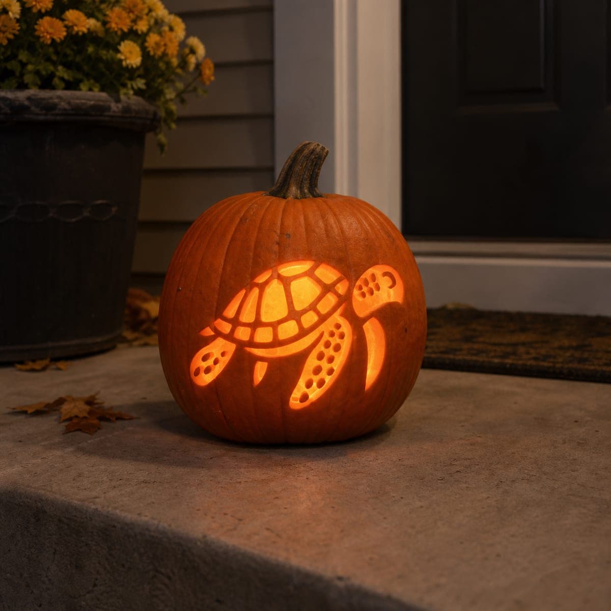 Sea Turtle Cutout Pumpkin Glowing on the Porch