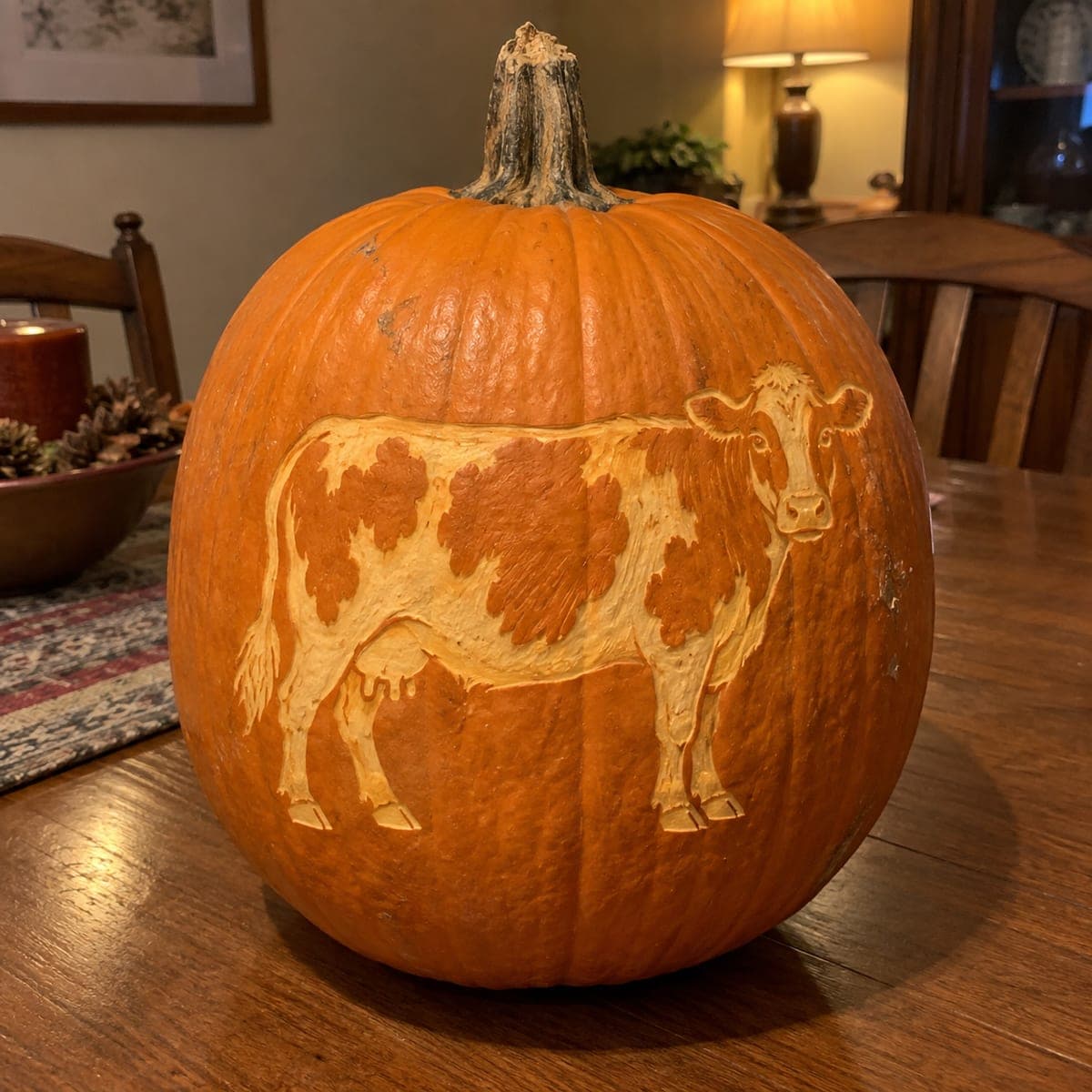 Dairy Cow Etched Pumpkin With Spotted Hide