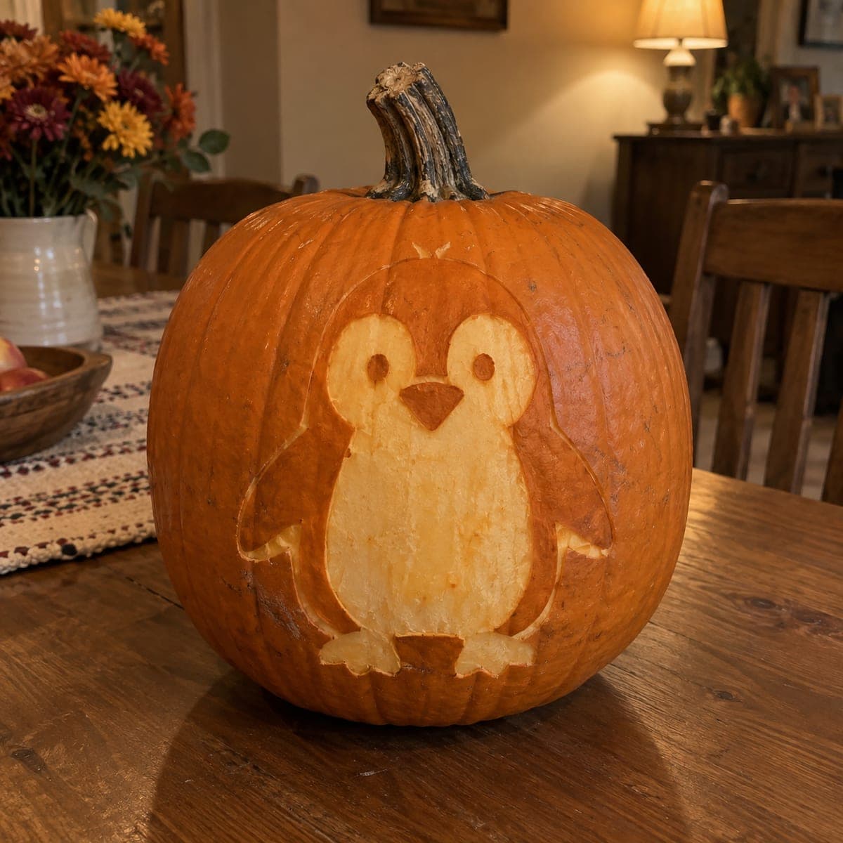 Chubby Cartoon Penguin Peeled Pumpkin Design