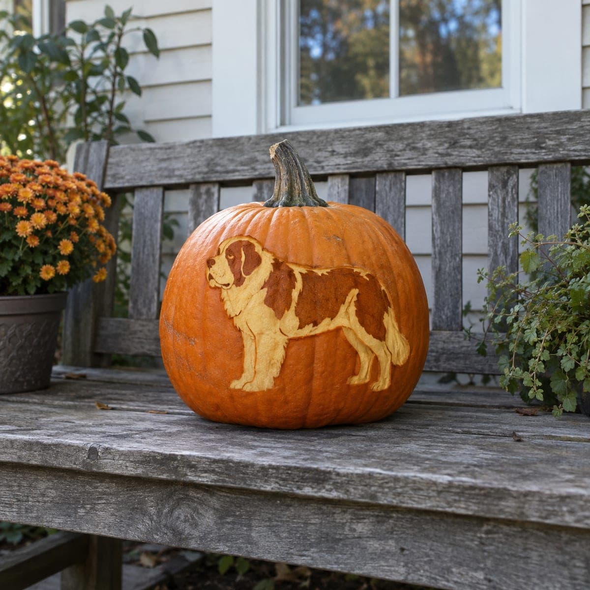 Saint Bernard Etched Pumpkin Dog Portrait
