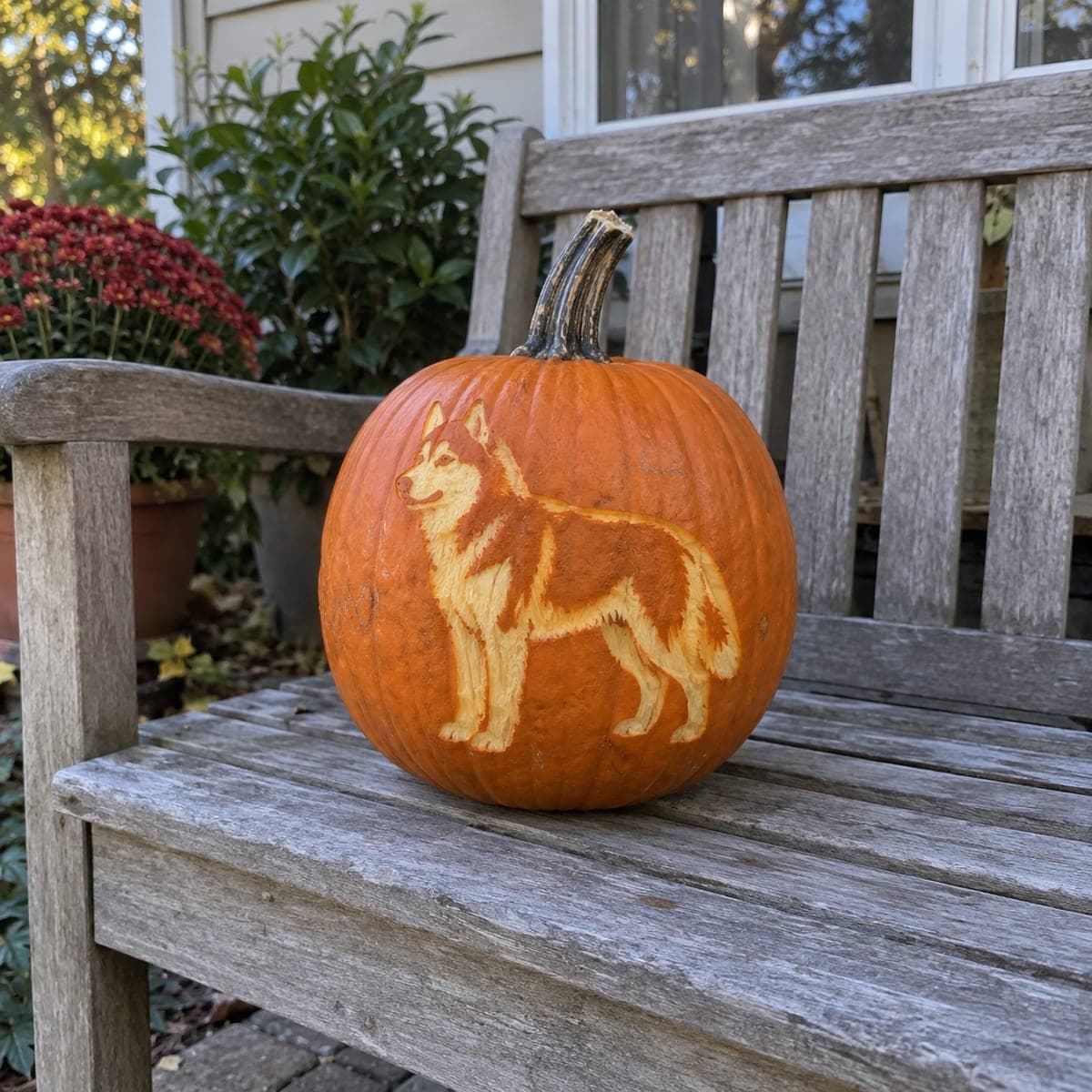 Siberian Husky Etched Pumpkin Standing Proud