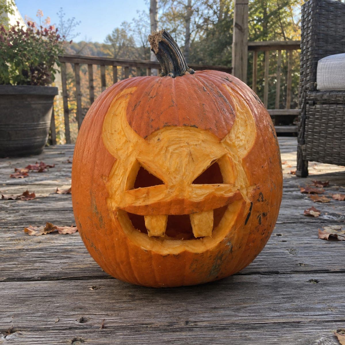 Horned Devil Pumpkin Face With Blocky Teeth
