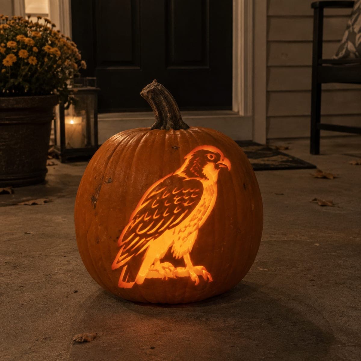 Perched Hawk Glowing Pumpkin Bird Carving