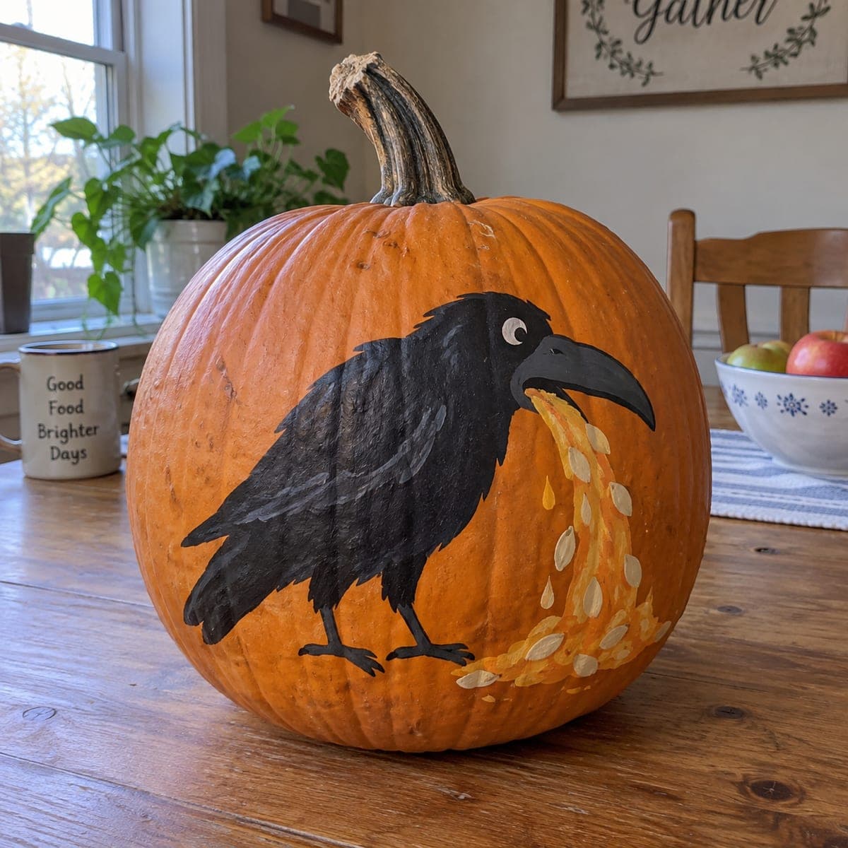 Hungry Crow Spilling Pumpkin Seeds Painted Pumpkin