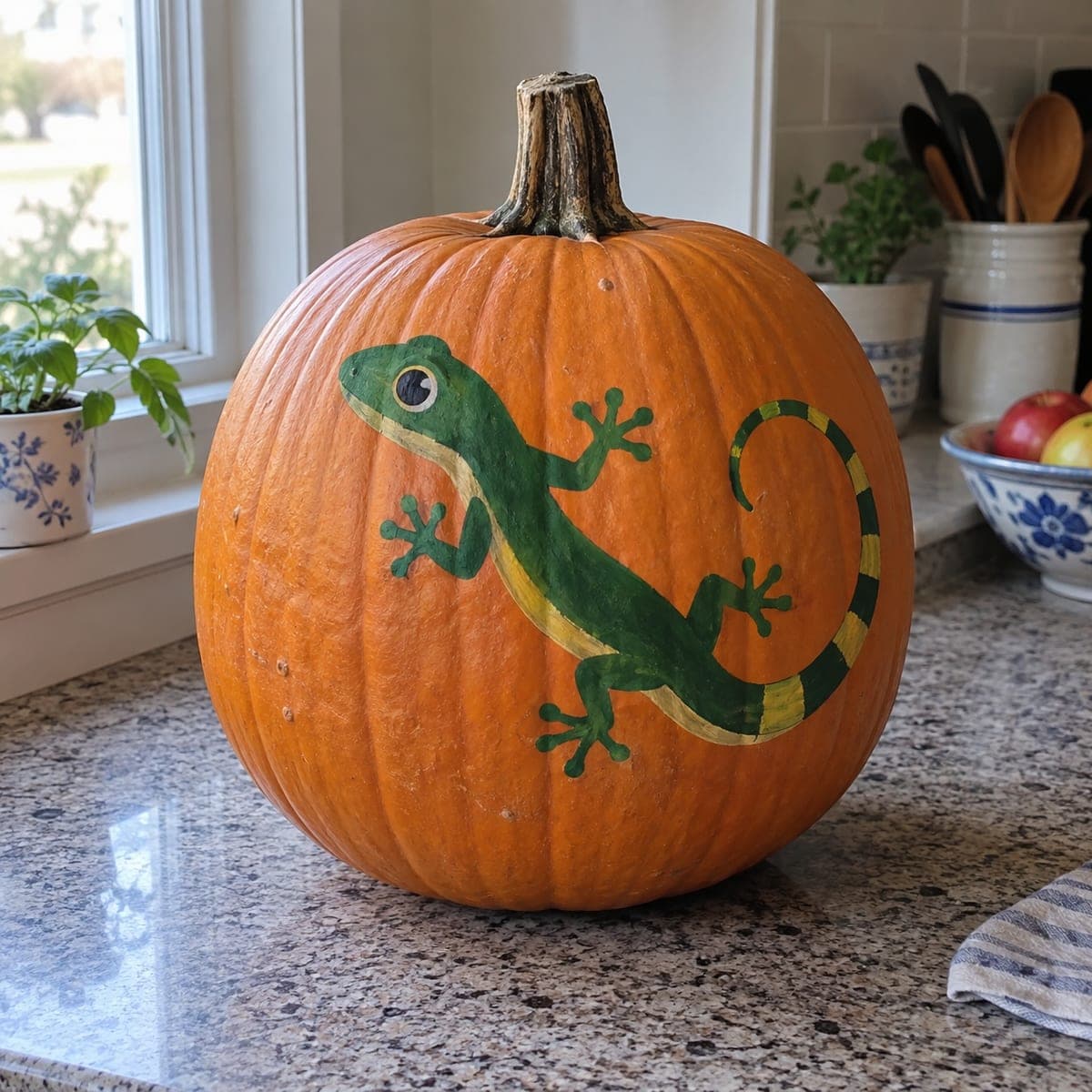 Green Gecko Painted Pumpkin With Striped Tail
