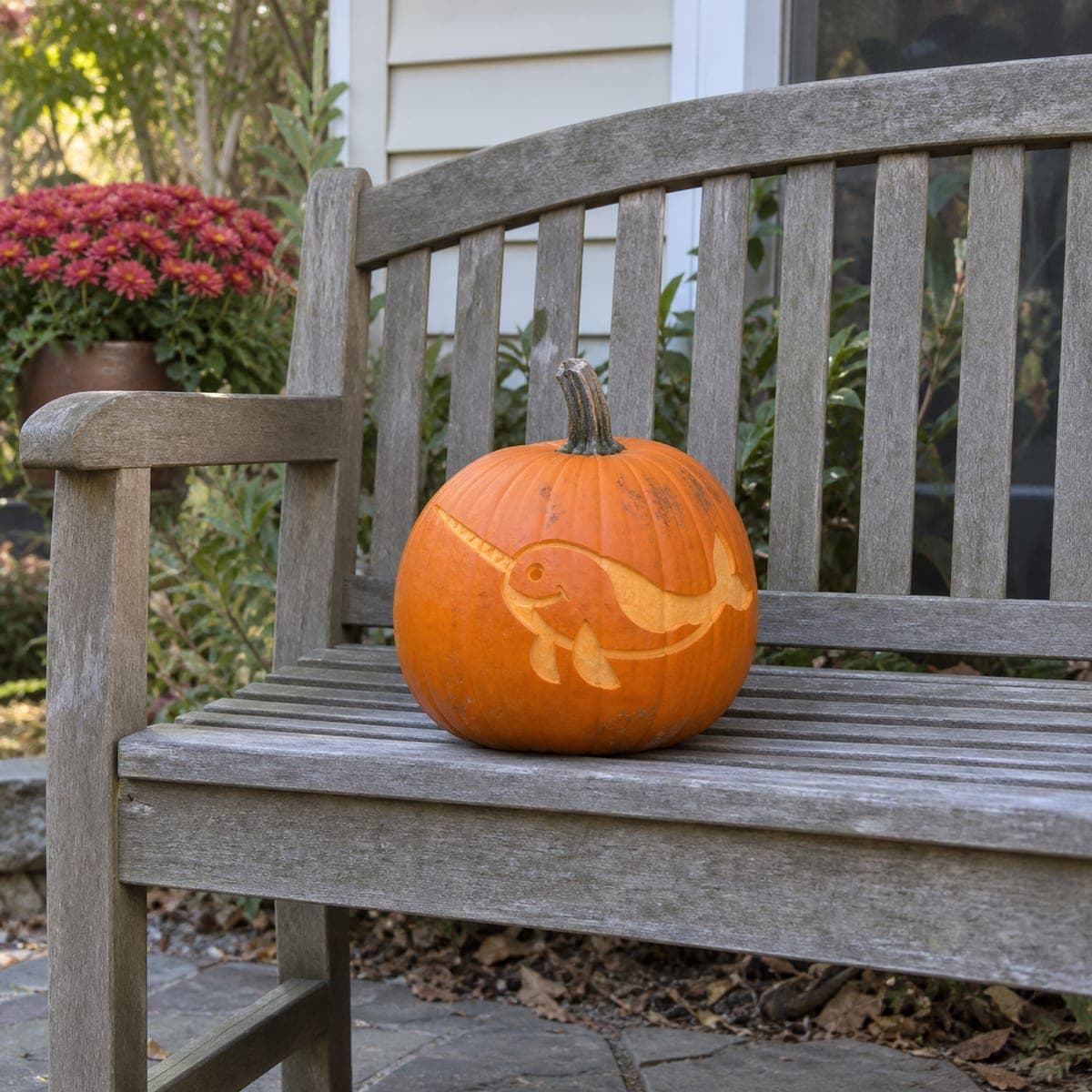Smiling Narwhal Etched Pumpkin for Ocean Fans